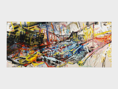 Caroline Jackson, Bustle, 2023.
Oil, acrylic, oil pastel and charcoal on canvas
149 5/8 x 65 in | 380 x 165 cm (diptych). Courtesy of Micki Meng, BayView