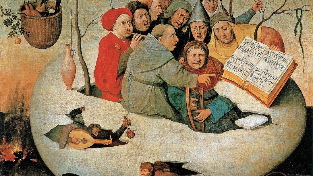 Jérôme Bosch. Le Concert dans l’œuf, entre 1453 et 1516. Huile sur toile, 108 × 126 cm. Palais des Beaux-Arts de Lille, Lille