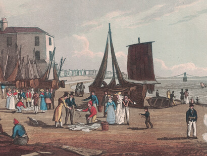 Robert Havell Jr (1793–1878) - The Fish Market on the Beach (Plate VI from E.W. Brayley’s Topographical Sketches of Brighthelmston and Its Neighbourhood, 1825) 1824 - Hand-coloured aquatint, 8.5 x 14.5 cm - Private collection