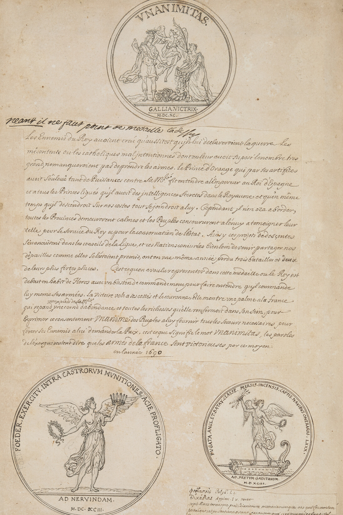 The London Manuscript, "PROJETS pour le medailler de Louis XIV., avec les desseins de Seb. Le Clerc et des nottes du Roy, des Ministres, et de l'Academie Royale des Inscriptions." A scrapbook bringing together ideas for medals in the form of sketches, descriptions and finished drawings by Sébastien Le Clerc. This is an important loan object from the British Library © The British Library Board, (London Mss. Add mss 31908)
