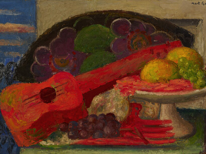 Mark Gertler, Still Life with Guitar, 1935, oil on board, 34 x 51.5 cm. Ben Uri Collection