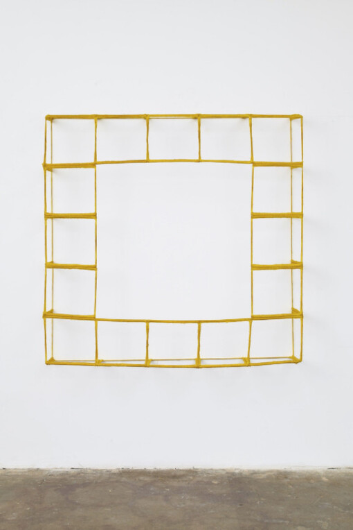 Paul Lee, Untitled (yellow washcloth negative), 2012, towels, threads, ink, steel, aluminium, 152.4 x 152.4 x 30.5 cm, 60 x 60 x 12 ins, copyright the artist, courtesy Stuart Shave/Modern Art, London