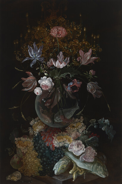 Nicole Duennebier, Still Life with Fishbowl, 2023. Acrylic on panel, 116.84h x 60.96w cm, 46h x 24w in. Courtesy of Nicodim Gallery