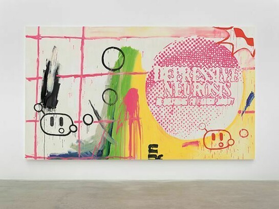 Michel Majerus, depressive neurosis, 2000, Acrylic on cotton, 102 1/4 x 177 inches; 260 x 450 cm