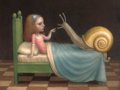 Nicoletta Ceccoli, Night Visitor, Acrylic on paper / 11.8 x 10.3″