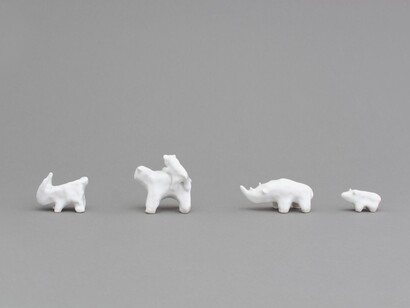 Shio Kusaka, Group 4, 2014, porcelain, rabbit 1: 2″ × 3″ × 1 1/4" / 5 × 7.6 × 3.2 cm, bear 1: 3 1/4″ × 3 3/4″ × 2″ / 8.2 × 9.5 × 5 cm, rhinoceros 2: 2″ × 4 1/2″ × 2″ / 5 × 11.4 × 5 cm, rhinoceros 1: 1 1/2″ × 2 3/4″ × 1″ / 3.8 × 7 × 2.5 cm, Photo: Studio Kusaka. Courtesy of greengrassi, London