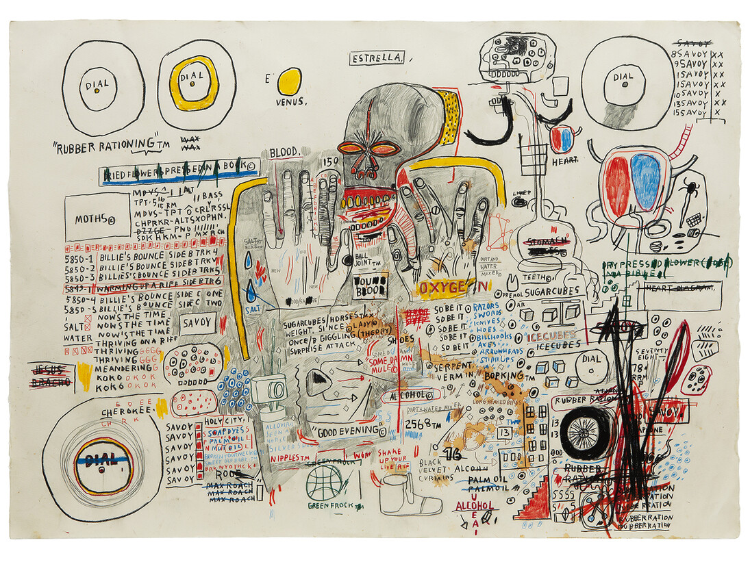 Jean-Michel Basquiat, Untitled (Estrella), 1985, Graphite and colored pencil on paper, 29 1/2 x 41 5/8 inches (74.9 x 105.7 cm), The Schorr Family Collection © The Estate of Jean‐Michel Basquiat / ADAGP, Paris / ARS, New York 2014. Photo by Kent Pell
