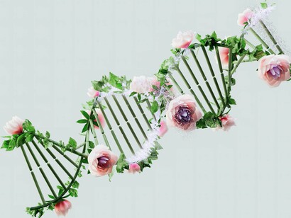 A DNA strand blooming with flowers and leaves, symbolizing the ever-changing patterns of gene expression that shape human health