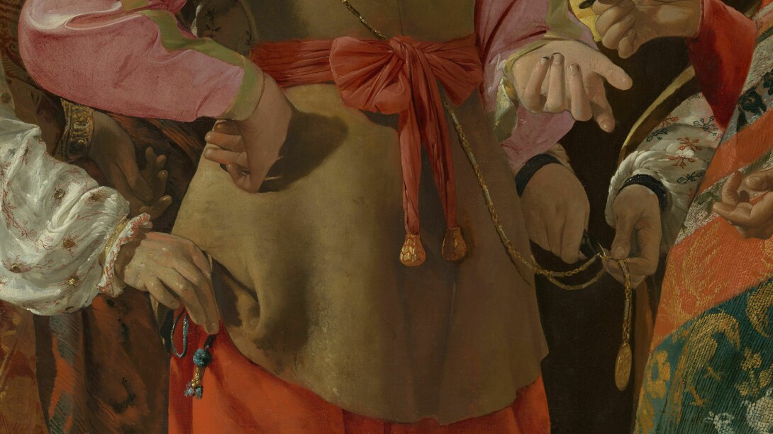 Detalle de La Buenaventura (c. 1630), donde Georges de La Tour captura el momento exacto en que un joven es sutilmente robado por un grupo de carteristas