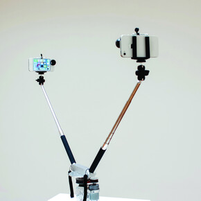 Adam Basanta
A Truly Magical Moment, 2016
Interactive kinetic sculpture 
2 iPhones 4S, selfie sticks, aluminum, electronics, bluetooth chips, FaceTime video chat software
1m x 1m x 1m