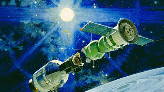 Disegno dell’incontro fra la astronave Apollo e la cosmonave Soyuz durante la missione ASTP (NASA)