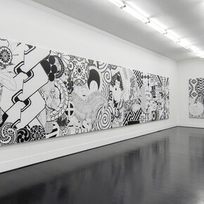 Three Large Black And White Paintings. Courtesy of Galleria Pack
