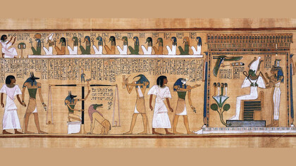 Detalle del papiro de Ani mostrando el juicio de los muertos ante Osiris