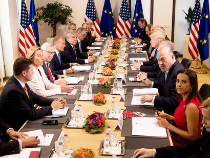 Jean-Claude Juncker, Federica Mogherini, Donald Tusk, Antonio Tajani, and Donald Trump met at the EU-US Leaders' meeting to discuss security, climate, foreign policy, and trade
