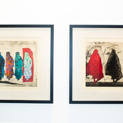 Nahid Hagigat, Kurdish women in red and blue, 2021; Nahid Hagigat, Woman in red floral, 2024. Courtesy of Nahid Hagigat and Advocartsy Gallery