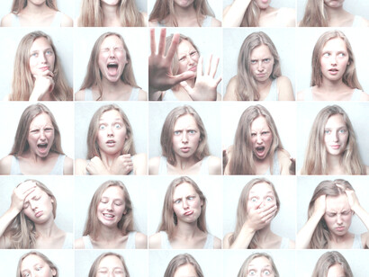 A photographic collection of the different emotions shown on the face of a woman