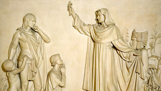 Miguel Noreña; Fray Bartolomé de las Casas convirtiendo a una familia azteca, 1865, Museo Nacional de Arte, México (detalle)