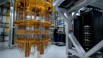A state-of-the-art quantum computing laboratory featuring a cryogenic quantum processor and advanced computing systems, reflecting the rapid transition of quantum technology from experimental research to real-world industrial applications