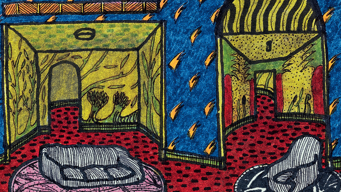David Lynch, Untitled (drawing for an interior), undated, Pencil and felt-tip on paper, 7,6 x 12,7 cm, Collection of the Fondation Cartier pour l’art contemporain, Paris, © David Lynch, Exhibition Les Habitants, Fondation Cartier pour l’art contemporain, Paris, October 25, 2014 - February 22, 2015