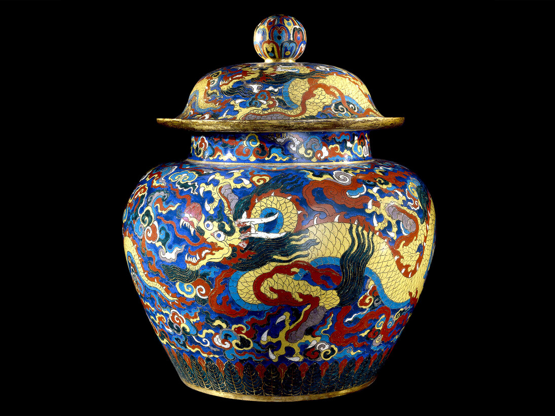 Cloisonné enamel jar and cover with dragons. Metal with cloisonné enamels, Xuande mark and period (1426-1435), Beijing. © The Trustees of the British Museum