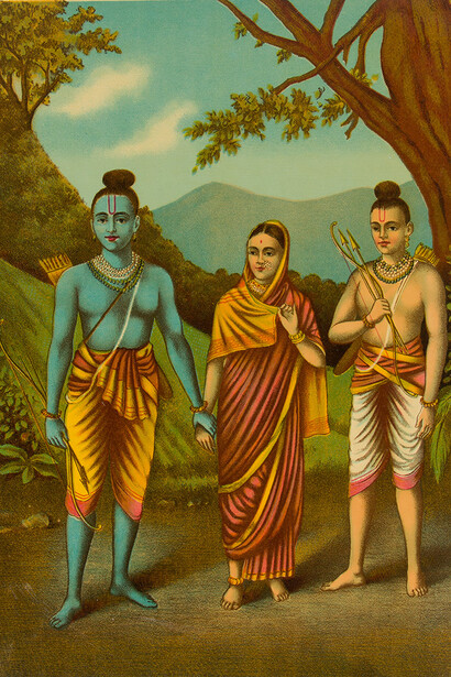 Rama, Sita, Lakshmana
India, ca. 1880–1900 Lithograph with varnish Image: 13 1/2 × 9 3/4 in. (34.3 × 24.8 cm) Sheet: 13 7/8 × 9 7/8 in. (35.2 × 25.1 cm) Purchase, Gift of Mrs. William J. Calhoun, by exchange, 2013
Photo: Courtesy of The Metropolitan Museum of Art