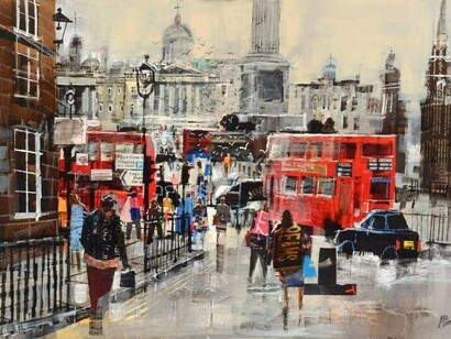 Mike Bernard RI, Morning Rush Hour, Trafalgar Square, mixed media on canvas, 20 x 30 ins (51 x 76 cms)