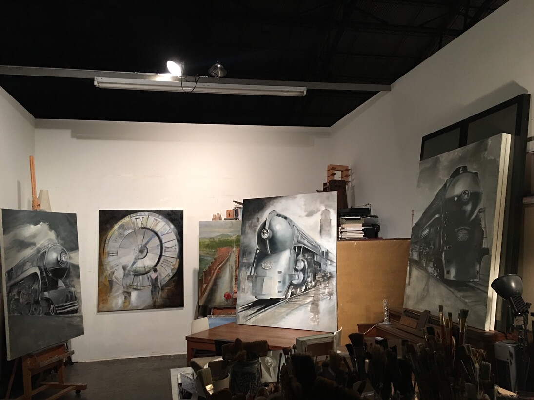 Gregg Chadwick L to R: Studio shot of Night Train {The Tennessean), Station to Station (Museé d’Orsay), Mystery Train (20th Century Limited), Empire State Express - all 60"x48" oil on linen 2016 and a half hint of Ponte di Castelvecchio (Verona) 48" x 36" oil on linen	  2016