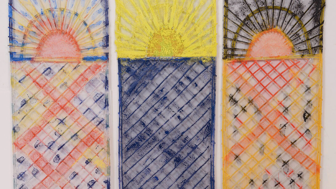 Daniel Dezeuze, Nervures, 2013, 3 panneaux, Peinture sur bois, aluminium, 150 x 66 cm chacun (in.)