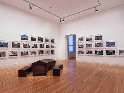 Ai Weiwei, Study of Perspective, 1995-2011, 2014, series of 40 b/w and colour c-prints
dimensions variable, Ai Weiwei, Coffin, 2005, Tieli wood © Ai Weiwei courtesy the artist and neugerriemschneider, Berlin, ph. Eric Gregory Powell. Installation view: Ai Weiwei.Evidence, Martin Gropius Bau, Berlin, 2014

