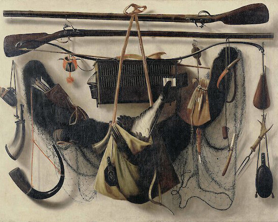 Christoffel Pierson, Still Life with Hunting Equipment, 104,5 × 134 cm