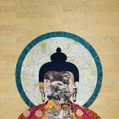 Tenzing Rigdol, Riders on the Storm, 2014, USA, Collage and silk brocade, 122 x 122 cm (48 x 48 in)