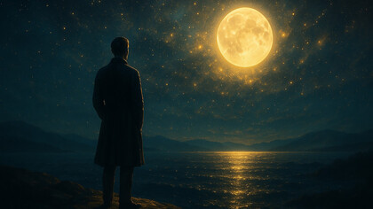 A man gazes up at the enormous moon in the night sky, captured in an AI-generated image