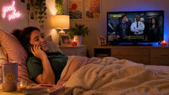 A relaxed viewer chatting on the phone with a sitcom playing in the background, reflecting television’s role as emotional background presence