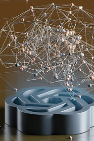 A computer-generated image showcasing a laptop and network visualizations, illustrating concepts of neuromorphic computing, quantum computing, computational complexity, and multidimensional information scaling