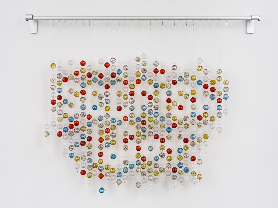 Nancy Dwyer, Selfish Idiot, 2014, Blown glass, beads, monofilament, metal rod, 46 x 35 x 3 inches, unique