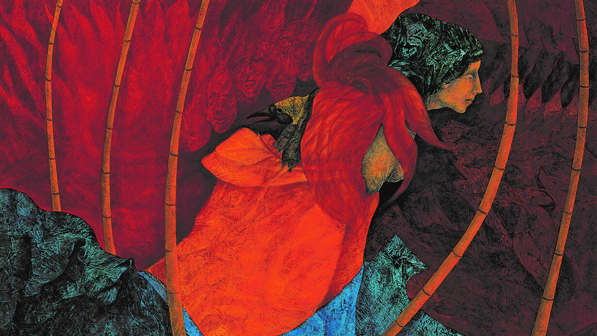 A. De Romanis, Donna protetta dal fuoco, olio su tela, cm 80x100, 2003