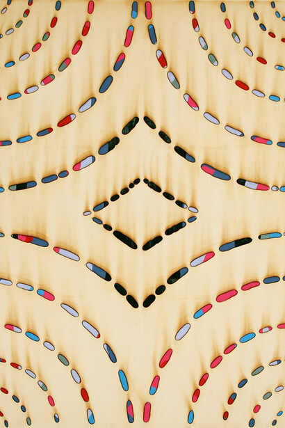 Kathleen Kucka, Burn Thru 7-25-13 5:03, 2013, acrylic and burns on canvas/velvet, 70 x 50 in