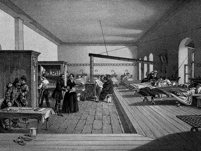 William Simpson; Una litografía de 1856 del cuartel de Selimiye en Scutari, convertido en hospital durante la Guerra de Crimea, donde trabajó Florence Nightingale