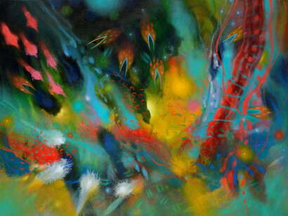 Carlos Jacanamijoy, Caza es una idea, óleo sobre lienzo, 70 x 90 cm, 2014
