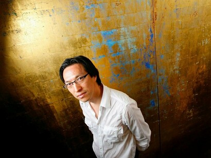 Makoto Fujimura with one of his artiworks