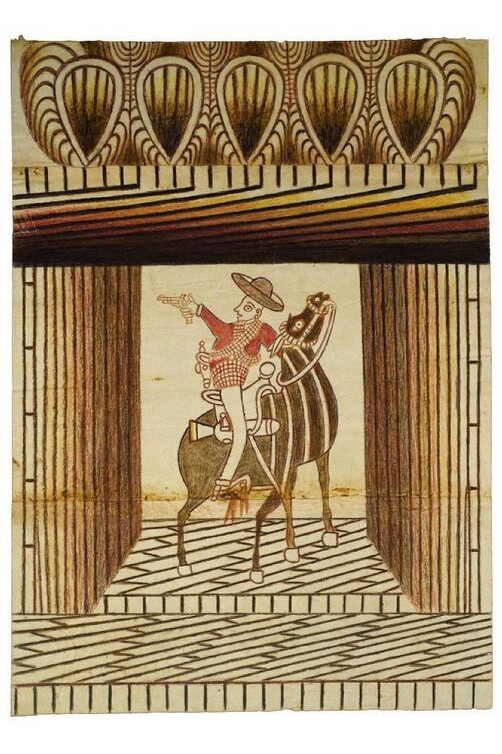 Martin Ramirez, Untitled (Caballero in Red Shirt No. 2), c. 1950-55, Graphite, tempera and crayon on paper, 34 x 23 in; 86.4 x 58.4 cm