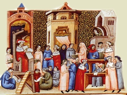Miniatura italiana che ritrae una lezione universitaria durante il Medioevo. XIV secolo, 
Bibliothèque Municipale in Cambrai, Francia