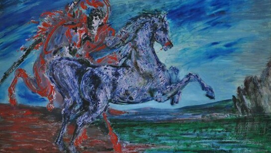 Aligi Sassu, Cavaliere al tramonto, anni 50, olio su tavola, 40 x 50 cm