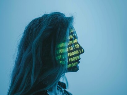 Code projected onto a woman's face