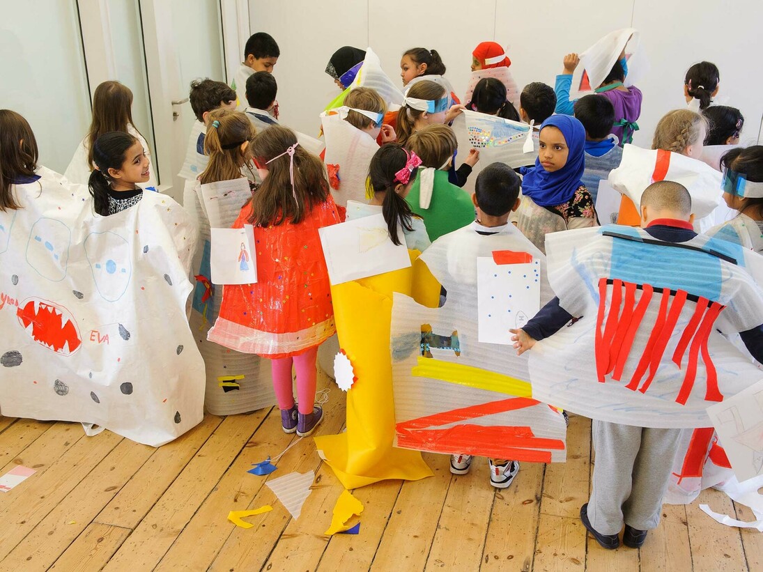 Children’s Commission: Rivane Neuenschwander
Capes designed during children’s ‘fears’ workshop with Rivane Neuenschwander and Laura X Carle, Photo by Richard Eaton