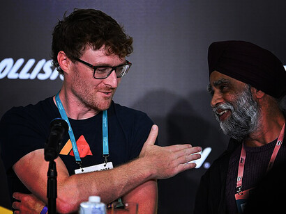 18 June 2024; Press conference with Paddy Cosgrave, CEO & Founder, Web Summit; left, and Harjit Sajjan, Pacific Economic Development Agency, Canada