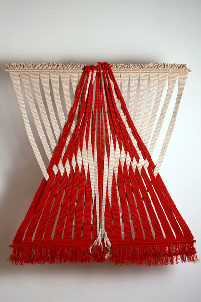 Lenore Tawney, Union of Water and Fire, 1974, Linen, 38 x 36 inches. Collection of Lenore G. Tawney Foundation.