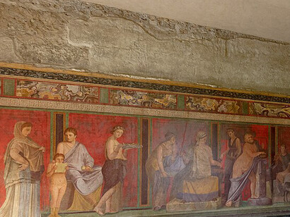 Al principio se vivía en una especie de desierto de cenizas, pero pronto la vegetación volvió a prosperar. Sala de los Misterios, villa de los Misterios, antigua ciudad de Pompeya, Italia