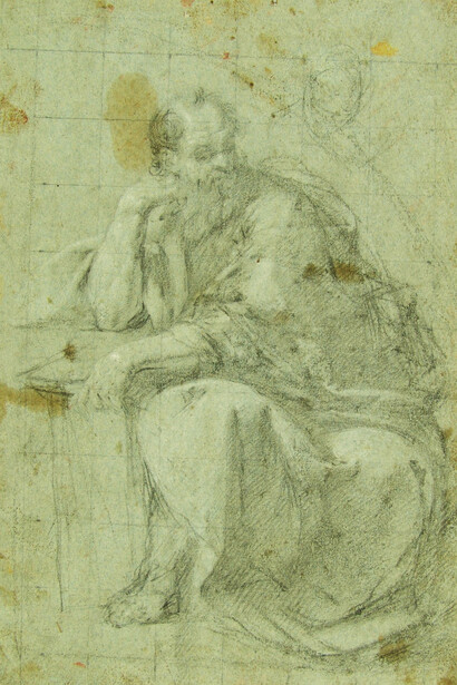 Giuseppe Nuvolone, San Girolamo o un evangelista,1681 circa. Matita nera e gessetto bianco su carta grigioverde, 30 x 19 cm. Courtesy of Pinacoteca Ambrosiana