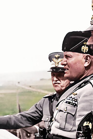 Adolf Hitler, Benito Mussolini and King Victor Emmanuel III of Italy watching military manoeuvres in 1938